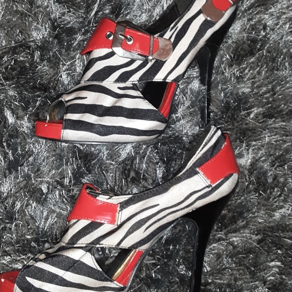 Bumper Shoes - Bumper Black White and Red Zebra Print Heels